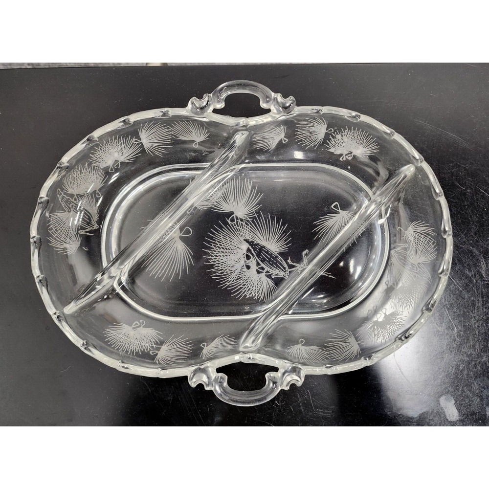 Vintage Fostoria Etched Crystal Three Part Relish Tray Appetizer Dish W/ Handles